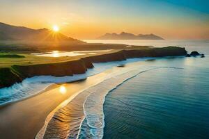 il sole sorge al di sopra di il oceano e il montagne nel Questo bellissimo foto. ai-generato foto