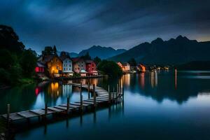 foto sfondo il cielo, acqua, montagne, case, lago, il notte, il lago,. ai-generato