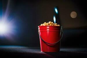 un' secchio di Popcorn su un' buio superficie. ai-generato foto