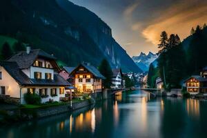 foto sfondo il cielo, montagne, fiume, case, il notte, il montagne, il fiume. ai-generato