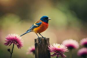 un' colorato uccello si siede su un' di legno inviare nel davanti di rosa fiori. ai-generato foto