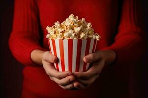 vicino su su un' rosso e bianca a strisce Popcorn tazza nel un' film Teatro. generativo ai foto