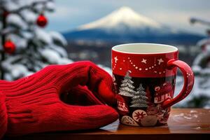 donna mani nel maglione Tenere un' tazza di caldo bere. generativo ai foto