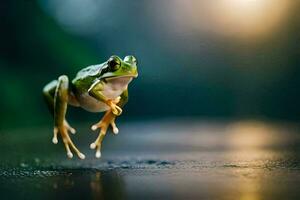 un' rana salto su il terra con suo gambe differenza. ai-generato foto