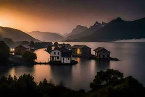 un' bellissimo tramonto al di sopra di un' lago con case su il costa. ai-generato foto