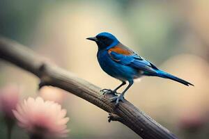 un' blu uccello è arroccato su un' ramo. ai-generato foto