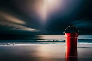 un' rosso secchio su il spiaggia a notte. ai-generato foto
