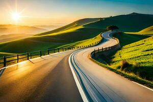 un' avvolgimento strada nel il campagna con il sole ambientazione. ai-generato foto