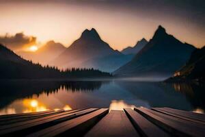 un' di legno bacino nel davanti di un' montagna lago a tramonto. ai-generato foto