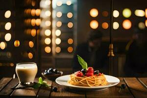 un' piatto di spaghetti e frutti di bosco su un' di legno tavolo. ai-generato foto