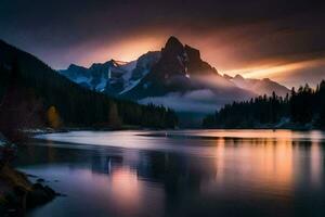 un' bellissimo tramonto al di sopra di un' montagna gamma e lago. ai-generato foto