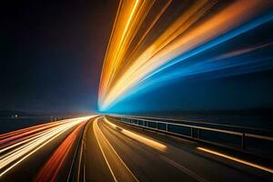 un' lungo esposizione fotografia di un' autostrada a notte. ai-generato foto