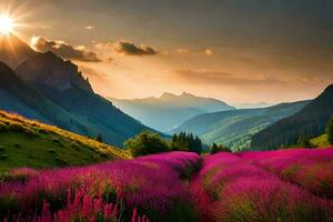 il sole brilla su un' campo di lavanda fiori nel il montagne. ai-generato foto