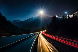 un' lungo esposizione foto di un' autostrada a notte. ai-generato