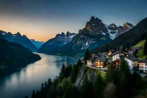 un' lago e montagna gamma a tramonto. ai-generato foto