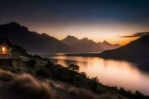 il cabina a tramonto nel il montagne. ai-generato foto