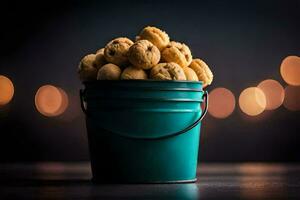 un' secchio pieno con biscotti su un' tavolo. ai-generato foto