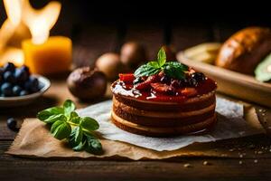 un' pila di Pancakes con frutti di bosco e un' fetta di pane. ai-generato foto