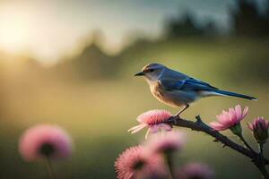 un' blu ghiandaia arroccato su un' rosa fiore. ai-generato foto