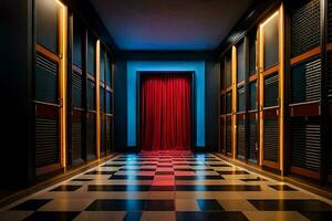 un' corridoio con nero e bianca scacchi pavimento e rosso tende. ai-generato foto