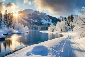 un' nevoso fiume e alberi nel il neve. ai-generato foto