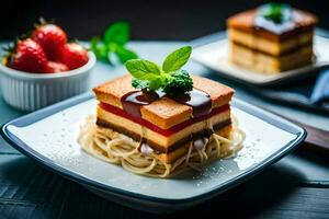 un' piatto con un' fetta di torta e un' ciotola di fragole. ai-generato foto