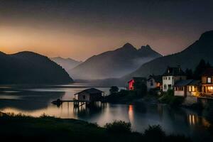 un' lago e case nel il montagne a tramonto. ai-generato foto