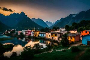 un' fiume e case nel il montagne a tramonto. ai-generato foto