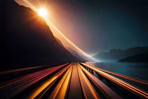un' lungo esposizione fotografia di un' treno andando al di sopra di un' montagna. ai-generato foto