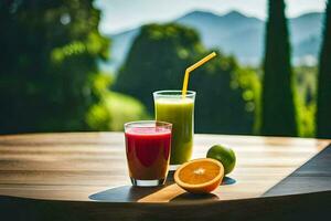 Due bicchieri di succo su un' tavolo con un' Visualizza di il montagne. ai-generato foto