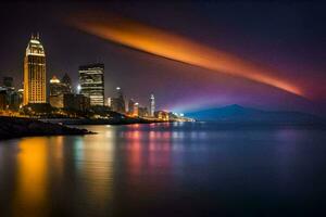 il città orizzonte a notte con colorato luci. ai-generato foto