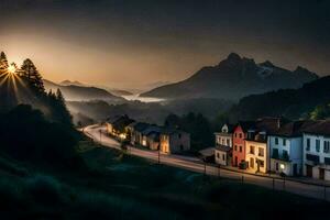 un' cittadina nel il montagne a tramonto. ai-generato foto