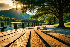 un' di legno passerella conduce per un' lago e montagne. ai-generato foto