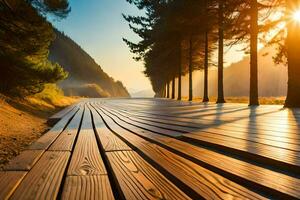 un' di legno passerella nel il mezzo di un' foresta. ai-generato foto