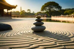 un' zen giardino nel il sole. ai-generato foto