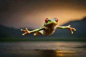 un' rana salto nel il aria con suo occhi aprire. ai-generato foto