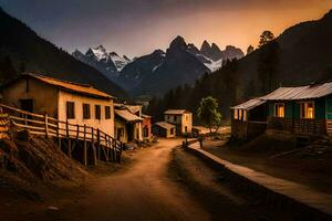 foto sfondo il cielo, montagne, il villaggio, il strada, il montagne, il villaggio,. ai-generato