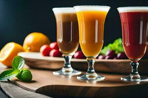 tre bicchieri di diverso colorato succhi di frutta su un' di legno tavolo. ai-generato foto