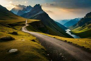 un' strada avvolgimento attraverso un' valle con montagne nel il sfondo. ai-generato foto