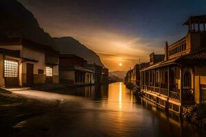 foto sfondo il cielo, acqua, il sole, il montagne, il fiume, il montagne,. ai-generato