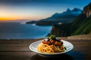 un' piatto di spaghetti con carne e salsa su un' tavolo nel davanti di un' montagna Visualizza. ai-generato foto