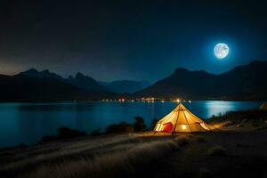 il Luna sorge al di sopra di il lago. ai-generato foto