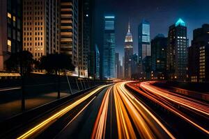 un' città strada a notte con leggero sentieri. ai-generato foto