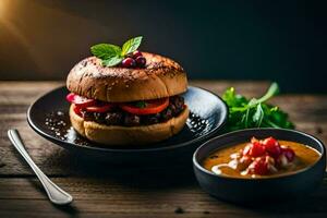 un' hamburger con pomodoro salsa e un' ciotola di la minestra. ai-generato foto