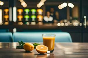 un' bicchiere di arancia succo su un' tavolo nel un' ristorante. ai-generato foto