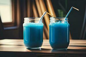 Due bicchieri di blu liquido seduta su un' tavolo. ai-generato foto