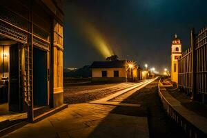 un' strada a notte con un' Chiesa e un' orologio Torre. ai-generato foto