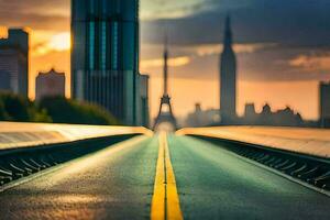 un' lungo vuoto strada con un' città orizzonte nel il sfondo. ai-generato foto