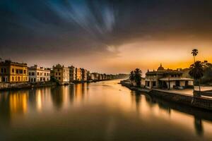 il fiume nel il città a tramonto. ai-generato foto