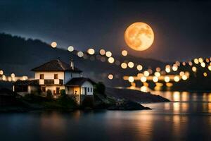 foto sfondo il Luna, Casa, lago, il notte, il Luna, il Casa, il. ai-generato